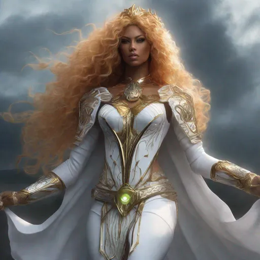 Prompt: A beautiful 59 ft tall 28 year old evil ((Latina)) light elemental queen giantess with light brown skin and a beautiful face. She has a strong body. She has curly yellow hair and yellow eyebrows. She wears a beautiful white dress with gold. She has brightly glowing yellow eyes and white pupils. She wears a beautiful gold tiara. She has a yellow aura around her. Her eyes glow brightly. She is standing in a beautiful open field. Beautiful scene art. Scenic view. Full body art. {{{{high quality art}}}} ((goddess)). Illustration. Concept art. Symmetrical face. Digital. Perfectly drawn. A cool background. Front view. Anime