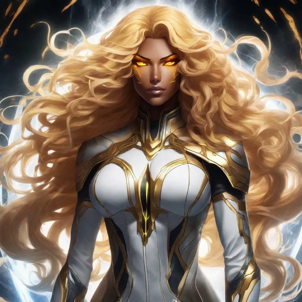 Prompt: A beautiful 59 ft tall 28 year old evil ((Latina)) anime light elemental queen with light brown skin and a beautiful strong face. She has a strong body. She has long curly golden yellow hair and golden yellow eyebrows. She wears a beautiful slim white dress made of light with gold markings on it. She has brightly glowing yellow eyes and white pupils. She wears a golden tiara. She has a yellow aura behind her. She is standing in a open field of gold looking at you with her glowing yellow eyes. She is wielding bright yellow light magic from her hands. She has yellow light glowing around her. Full body art. Scenic view. {{{{high quality art}}}} ((goddess)). Illustration. Concept art. Symmetrical face. Digital. Perfectly drawn. A beautiful background.