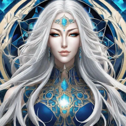 Prompt: A beautiful 58 ft tall 30 year old ((British)) anime Divine Water Elemental Queen with light skin and a beautiful, elegant, strong symmetrical face. She has long straight elegant white hair with two long strands of hair going down to her chest and white eyebrows. She wears a beautiful long all blue slim goddess dress made of water with long thin blue royal robs. She has brightly glowing blue eyes and water droplet shaped pupils. She wears blue eyeshadow. She wears a beautiful blue tiara. She has a blue aura glowing from her body. She is standing by the ocean looking at you with her glowing blue eyes. Full body art. Scenic view. {{{{high quality art}}}} ((ocean goddess)). Illustration. Concept art. Perfectly drawn. Five fingers.