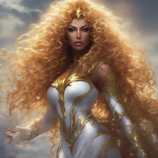 Prompt: A beautiful 59 ft tall 28 year old evil ((Latina)) light elemental queen giantess with light brown skin and a beautiful face. She has a strong body. She has curly yellow hair and yellow eyebrows. She wears a beautiful white dress with gold. She has brightly glowing yellow eyes and white pupils. She wears a gold tiara. She has a yellow aura around her. She is standing in a beautiful open field. Beautiful scene art. Scenic view. Full body art. {{{{high quality art}}}} ((goddess)). Illustration. Concept art. Symmetrical face. Digital. Perfectly drawn. A cool background. Front view 