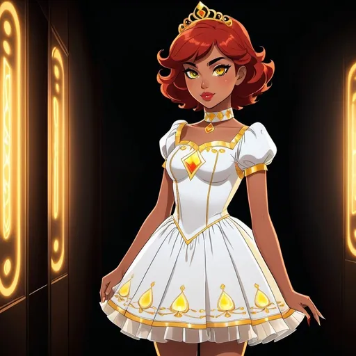 Prompt: A beautiful young 14 year old ((Latina)) evil anime light goddess with light brown skin and a symmetrical round cute face with big lips. She has long eyelashes. She has a strong curvy body with a small waist. She has short curly reddish brown hair that curves to the left side of her head and reddish brown eyebrows. She wears a beautiful white short princess dress with gold and she wears a short white skirt. She wears white princess boots on it. She has big brightly glowing yellow eyes and white pupils. She has long eyelashes. She wears a small golden tiara. She has a yellow aura around her. She is standing in a dark room. Full body art. {{{{high quality art}}}} Illustration. Concept art. Symmetrical face. Digital. Perfectly drawn. A cool background. Five fingers, yellow glowing eyes, full view of dress, character design, multiple angles, different views of head and body. 2D animation art style. Full body image of dress and shoes 