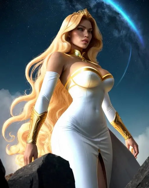 Prompt: A beautiful 59 ft tall 28 year old evil ((Latina)) light elemental queen giantess with light brown skin and a beautiful face. She has a strong body. She has curly yellow hair and yellow eyebrows. She wears a beautiful white dress with gold. She has brightly glowing yellow eyes and white pupils. She wears a gold tiara. She has a yellow aura around her. She is standing in a beautiful open field. Beautiful scene art. Scenic view. Full body art. {{{{high quality art}}}} ((goddess)). Illustration. Concept art. Symmetrical face. Digital. Perfectly drawn. A cool background. Front view 