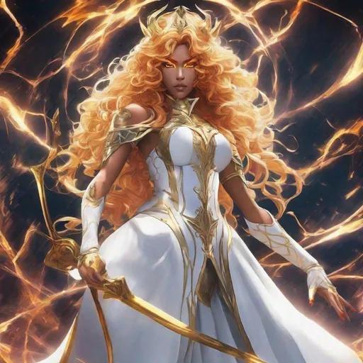 Prompt: A beautiful 59 ft tall 28 year old evil ((Latina)) anime light elemental queen giantess with light brown skin and a beautiful face. She has a strong body. She has curly yellow hair and yellow eyebrows. She wears a beautiful white dress with gold. She has brightly glowing yellow eyes and white pupils. She wears a gold tiara. She has a yellow aura around her. She is standing in a beautiful open field. Beautiful scene art. Scenic view. Full body art. {{{{high quality art}}}} ((goddess)). Illustration. Concept art. Symmetrical face. Digital. Perfectly drawn. A cool background. Front view 