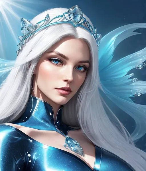 Prompt: A beautiful 58 ft tall 30 year old ((British)) Water elemental Queen with light skin and a beautiful face. She has long white hair and white eyebrows. She wears a beautiful slim dark blue dress. She has brightly glowing blue eyes and water droplet shaped pupils. She wears a blue tiara on her head. She has a blue aura around her. She is looking at you. Her bright glowing blue eyes peer down at you. She is smiling. Beautiful scene art. Scenic view. Portrait art. {{{{high quality art}}}} ((goddess)). Illustration. Concept art. Symmetrical face. Digital. Perfectly drawn. A cool background. Five fingers. Full body view. No portrait. No black background. Front view