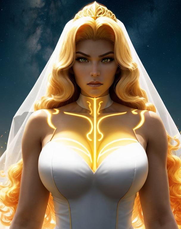 Prompt: A beautiful 25 ft tall 28 year old evil ((Latina)) light elemental queen giantess with light brown skin and a beautiful face. She has a strong body. She has curly yellow hair and yellow eyebrows. She wears a beautiful white dress with gold. She has brightly glowing yellow eyes and white pupils. She wears a gold tiara. She has a yellow aura around her. She is standing in a beautiful open field. Beautiful scene art. Scenic view. Full body art. {{{{high quality art}}}} ((goddess)). Illustration. Concept art. Symmetrical face. Digital. Perfectly drawn. A cool background. Front view 