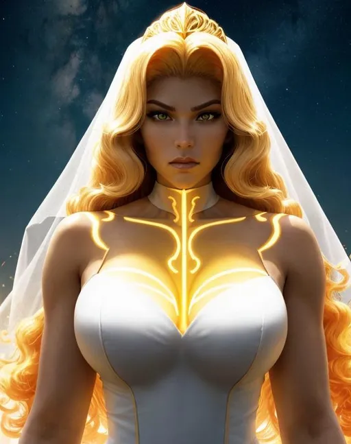 Prompt: A beautiful 25 ft tall 28 year old evil ((Latina)) light elemental queen giantess with light brown skin and a beautiful face. She has a strong body. She has curly yellow hair and yellow eyebrows. She wears a beautiful white dress with gold. She has brightly glowing yellow eyes and white pupils. She wears a gold tiara. She has a yellow aura around her. She is standing in a beautiful open field. Beautiful scene art. Scenic view. Full body art. {{{{high quality art}}}} ((goddess)). Illustration. Concept art. Symmetrical face. Digital. Perfectly drawn. A cool background. Front view 