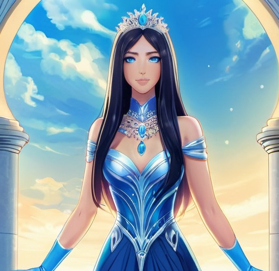 Prompt: A beautiful 58 ft tall 30 year old ((British)) Water elemental Queen giantess with light skin and a beautiful soft elegant symmetrical face. She has long straight elegant white hair with two long strands of hair going down both the left and right side in front of her face reaching her chest and she has white eyebrows. She wears a beautiful long dark blue dress with royal robs. She has brightly glowing blue eyes and water droplet shaped pupils. She wears a beautiful blue tiara. She has a blue aura behind her. She is standing looking at you showing off her true beauty. Side view Beautiful scene art. Painting art. Scenic view. Portrait art. {{{{high quality art}}}} ((goddess)). Illustration. Concept art. Symmetrical face. Digital. Perfectly drawn. A cool background. Five fingers. Full body view. No portrait. No black background. Front view. Full view of dress. anime art style