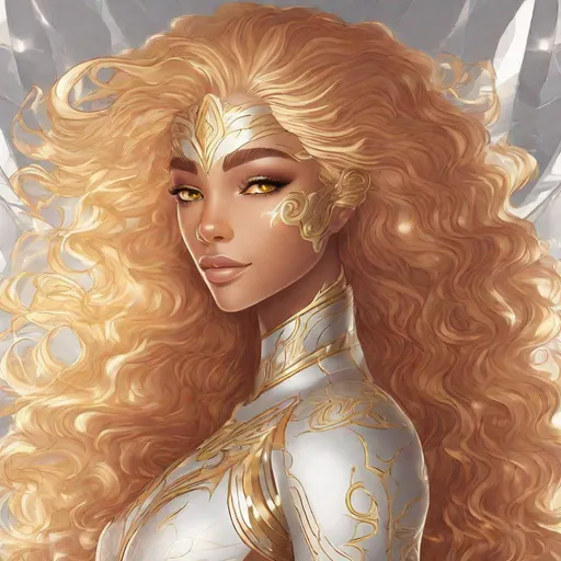 Prompt: A beautiful 15 year old ((Latina)) light elemental with light brown skin and a beautiful face. She has curly yellow hair that parts at the top of her head and yellow eyebrows. She wears a beautiful white dress with gold markings on it. She has brightly glowing yellow eyes and white pupils. She has a yellow aura around her. She wears a beautiful golden tiara. She is standing in a beautiful open plain. Beautiful scene art. Scenic view. Full body art. {{{{high quality art}}}} ((goddess)). Illustration. Concept art. Symmetrical face. Digital. Perfectly drawn. A cool background. Five fingers. Anime