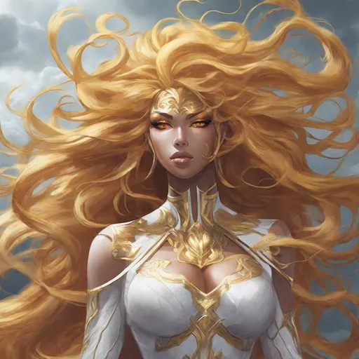 Prompt: A beautiful 59 ft tall 28 year old evil anime ((Latina)) light elemental queen with light brown skin and a beautiful strong face. She has a strong body. She has long curly golden yellow hair and golden yellow eyebrows. She wears a beautiful white dress with gold made of light. She has brightly glowing yellow eyes and white pupils. She wears a golden tiara. She has a yellow aura behind her. She is standing in a open field of gold looking at you with her glowing yellow eyes. She has yellow light glowing around her. Full body art. Scenic view. {{{{high quality art}}}} ((goddess)). Illustration. Concept art. Symmetrical face. Digital. Perfectly drawn. A beautiful background.