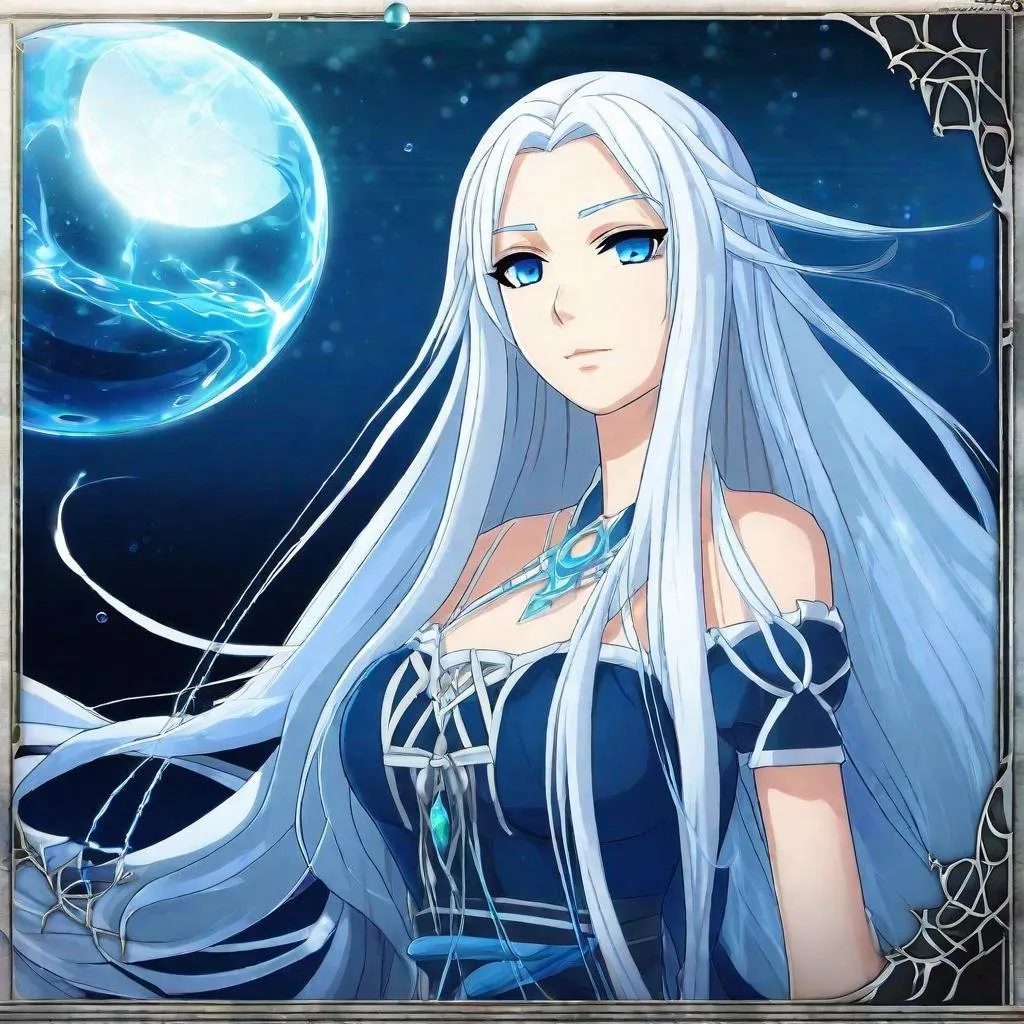 Prompt: A beautiful young 17 year old ((British)) anime Water elemental princess with light skin and a beautiful symmetrical face. She has long smooth straight white hair that parts down at the top of her head and two long strands coming down the sides of her face and white eyebrows. She has a small nose. She wears a beautiful flowing goddess dark blue dress. She has big bright dark blue eyes and blue pupils. Full body art. Five fingers