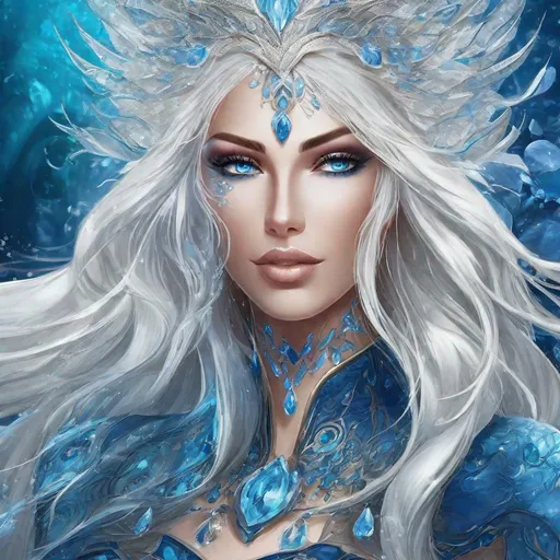 Prompt: A beautiful 58 ft tall 30 year old ((British)) Water elemental Queen with light skin and a beautiful face. She has long white hair with white eyebrows. She wears a beautiful dark blue dress and royal robs. She has brightly glowing blue eyes and water droplet shaped pupils. She wears a beautiful blue tiara on her head. She has a blue aura around her. She is standing by the beach. Beautiful scene art. Scenic view. Full body art. {{{{high quality art}}}} ((goddess)). Illustration. Concept art. Symmetrical face. Digital. Perfectly drawn. A cool background. Five fingers. Full body view. No portrait. No black background. Front view. Anime