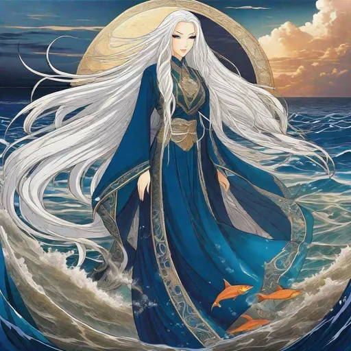 Prompt: A beautiful 58 ft tall 30 year old ((British)) anime ocean goddess with light skin and a beautiful, elegant, strong symmetrical face. She has a strong curvy body. She has long straight elegant white hair with two long strands of hair going down to her chest and white eyebrows. She wears a long divine dark blue dress. She has bright blue eyes with blue pupils. She wears dark blue eyeshadow under her eyes. She wears a beautiful blue tiara. Full body art. Scenic view. {{{{high quality art}}}}. Illustration. Concept art. Perfectly drawn. Five fingers. Full view of body and dress