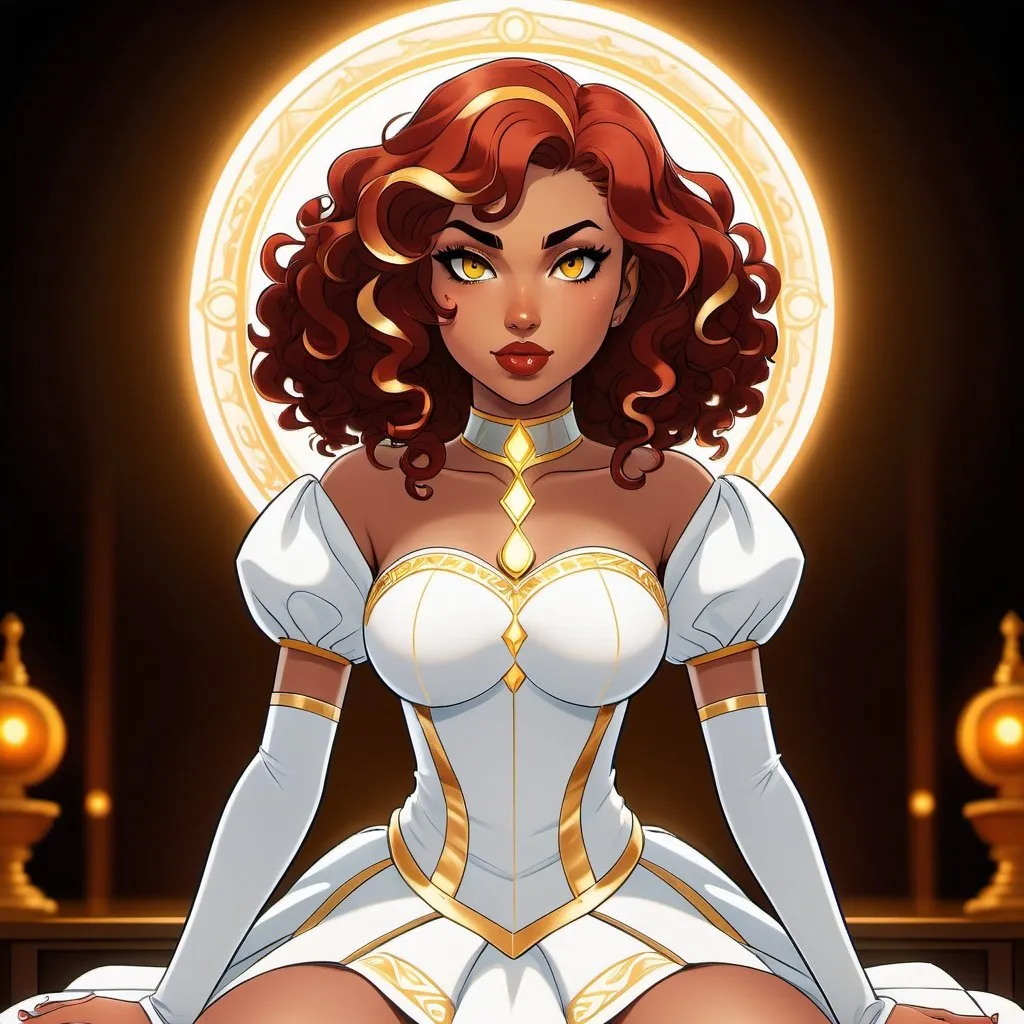 Prompt: A beautiful young 14 year old ((Latina)) evil anime light goddess with light brown skin and a symmetrical round cute face with big lips. She has a strong curvy body with a small waist. She has short curly reddish brown hair that curves to the left side of her head and reddish brown eyebrows. She wears a beautiful white short princess dress with gold and she wears a short white skirt. She wears white boots with gold on it. She has big brightly glowing yellow eyes and white pupils. She has long eyelashes. She wears a small golden tiara. She has a yellow aura around her. She is sitting on a golden throne. Full body art. {{{{high quality art}}}} Illustration. Concept art. Symmetrical face. Digital. Perfectly drawn. A cool background. Five fingers, yellow glowing eyes, full view of dress, character design, multiple angles, different views of head and body. 2D animation art style