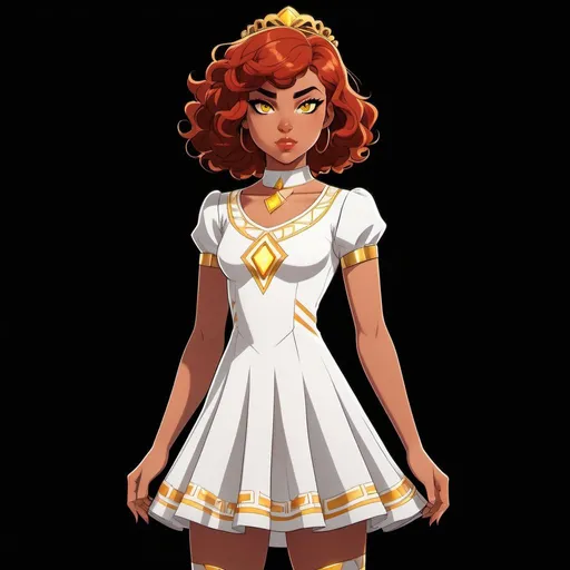 Prompt: A beautiful young 14 year old ((Latina)) evil anime light goddess with light brown skin and a symmetrical round cute face with big lips. She has a strong curvy body with a small waist. She has short curly reddish brown hair that curves to the left side of her head and reddish brown eyebrows. She wears a beautiful white short princess dress with gold and she wears a short white skirt. She wears white boots with gold on it. She has big brightly glowing yellow eyes and white pupils. She has long eyelashes. She wears a small golden tiara. She has a yellow aura around her. Full body art. {{{{high quality art}}}} Illustration. Concept art. Symmetrical face. Digital. Perfectly drawn. A cool background. Five fingers, yellow glowing eyes, full view of dress, character design, multiple angles, different views of head and body. 2D animation art style