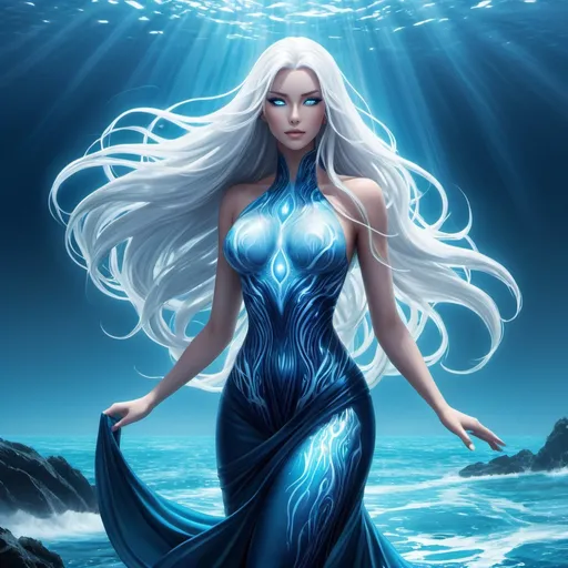 Prompt: A beautiful 58 ft tall 30 year old ((British)) anime Water Elemental Queen giantess with light skin and a beautiful, elegant, strong symmetrical face. She has a strong curvy body. She has long straight elegant white hair with two long strands of hair going down to her chest and white eyebrows. She wears a beautiful long flowing dark blue goddess dress. She has brightly glowing blue eyes and water droplet shaped pupils. She wears blue eyeshadow. She wears a beautiful blue tiara. She has a blue aura glowing from her body. Full body art. Scenic view. {{{{high quality art}}}} ((ocean goddess)). Illustration. Concept art. Perfectly drawn. Five fingers. Full view of body and dress, character design, multiple angles