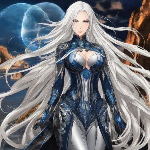 Prompt: A beautiful 58 ft tall 30 year old ((British)) anime Water Elemental Queen giantess with light skin and a beautiful, elegant, strong symmetrical face. She has a strong curvy body. She has long straight elegant white hair with two long strands of hair going down to her chest and white eyebrows. She wears a beautiful long flowing dark blue goddess dress. She has brightly glowing blue eyes and water droplet shaped pupils. She wears blue eyeshadow. She wears a beautiful blue tiara. She has a blue aura glowing from her body. She is standing in the sand with a beautiful ocean behind her and she looking at you with her glowing blue eyes. Full body art. Scenic view. {{{{high quality art}}}} ((ocean goddess)). Illustration. Concept art. Perfectly drawn. Five fingers. Full view of body and dress