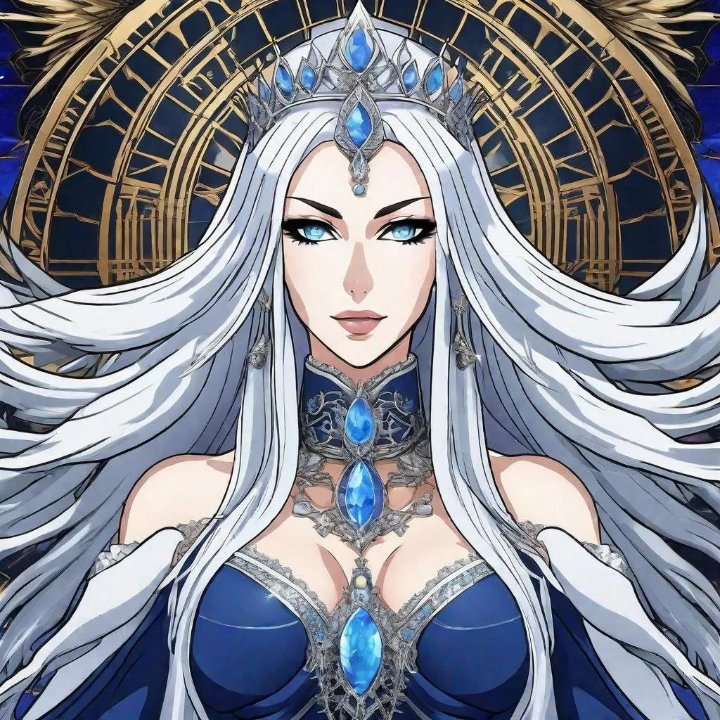 Prompt: A beautiful 58 ft tall 30 year old ((British)) anime Divine Queen with light skin and a beautiful, elegant, strong symmetrical face. She has long straight elegant white hair with two long strands of hair going down to her chest and white eyebrows. She wears a beautiful long a dark blue goddess dress made of water with long thin blue royal robs. She has bright blue eyes and blue pupils. She wears blue eyeshadow. She wears a beautiful blue tiara. Five fingers.