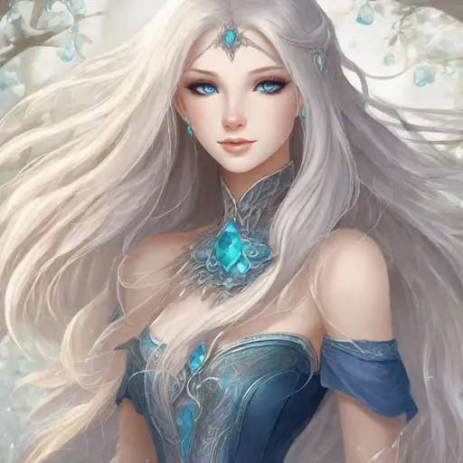 Prompt: A beautiful young 15 year old ((British)) Water elemental princess with light skin and a beautiful and cute face. She has long smooth white hair with two strands coming down the sides of her face and white eyebrows. She has a small nose. She wears a beautiful blue dress. She has big brightly glowing dark blue eyes and water droplets shaped pupils. She wears a beautiful blue tiara. She has a blue aura around her. She is standing near a river using blue water magic with her hands. Beautiful scene art. Beautiful painting art. Scenic view. Full body art. {{{{high quality art}}}} ((goddess)). Illustration. Concept art. Symmetrical face. Digital. Perfectly drawn. A cool background. Five fingers. Anime