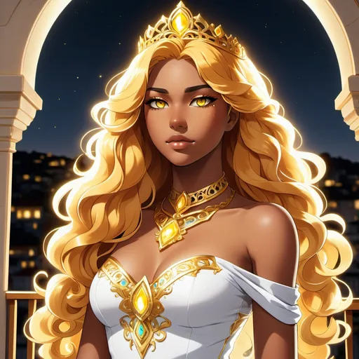 Prompt: A beautiful 17 year old ((Latina)) anime light elemental princess with light brown skin and a beautiful strong face. She has a strong body. She has curly golden yellow hair that parts at the top of her head and yellow eyebrows. She wears a beautiful tight white dress with gold markings on it. She has brightly glowing yellow eyes and white pupils. She has a yellow aura around her. She wears a beautiful golden tiara. She is by a balcony outside. Full body art. {{{{high quality art}}}} ((Light goddess)). Illustration. Concept art. Symmetrical face. Digital. Perfectly drawn. A cool background. Five fingers. two arms and hands, full view of dress and body