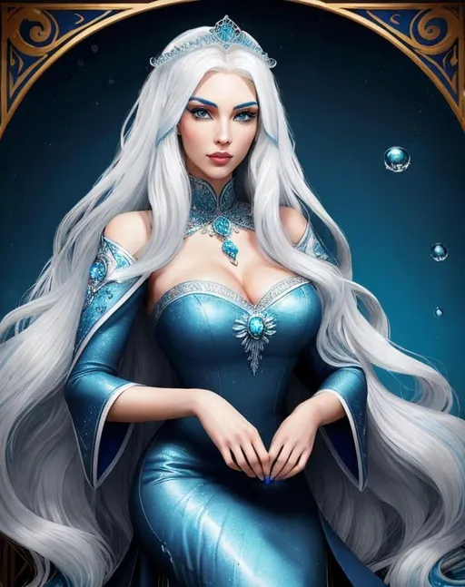 Prompt: A beautiful 58 ft tall 30 year old ((British)) Water elemental Queen with light skin and a beautiful face. She has long white hair with white eyebrows. She wears a beautiful dark blue dress and royal robs. She has brightly glowing blue eyes and water droplet shaped pupils. She wears a beautiful blue tiara on her head. She has a blue aura around her. She is in a epic battle against a army. She is using blue water magic and she is fighting ferociously. Epic battle scene art. Scenic view. Full body art. {{{{high quality art}}}} ((goddess)). Illustration. Concept art. Symmetrical face. Digital. Perfectly drawn. A cool background. Five fingers. Full body view. No portrait. No black background. Front view