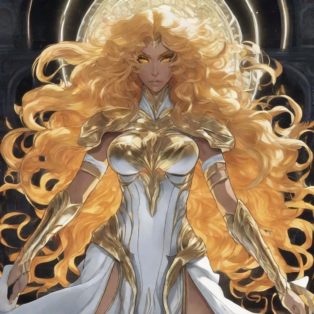 Prompt: A beautiful 59 ft tall 28 year old evil anime ((Latina)) light elemental queen with light brown skin and a beautiful strong face. She has a strong body. She has long curly golden yellow hair and golden yellow eyebrows. She wears a beautiful white dress with gold made of light. She has brightly glowing yellow eyes and white pupils. She wears a golden tiara. She has a yellow aura behind her. She is standing in a open field of gold looking at you with her glowing yellow eyes. She has yellow light glowing around her. Full body art. Scenic view. {{{{high quality art}}}} ((goddess)). Illustration. Concept art. Symmetrical face. Digital. Perfectly drawn. A beautiful background.