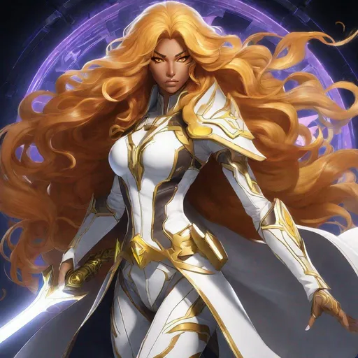 Prompt: A beautiful 59 ft tall 28 year old ((Latina)) anime light elemental queen with light brown skin and a beautiful strong face. She has a strong body. She has long curly golden yellow hair and golden yellow eyebrows. She wears a beautiful white dress with gold markings on it. She wears white boots with gold markings on it. She has brightly glowing yellow eyes and white pupils. She wears a golden tiara. She has a yellow aura behind her. She is standing in a throne room looking at you with her glowing yellow eyes. Full body art. Scenic view. {{{{high quality art}}}} ((light goddess)). Illustration. Concept art. Symmetrical face. Digital. Perfectly drawn. A beautiful background. Full view of body and dress. Five fingers, tv animated cartoon style
