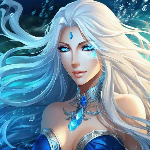Prompt: A beautiful 58 ft tall 30 year old ((British)) anime Water elemental Queen with light skin and a beautiful face. She has long elegant white hair with two strands of hair going down to her chest and white eyebrows. She wears a beautiful long dark blue dress. She has brightly glowing blue eyes and water droplet shaped pupils. She wears a beautiful blue tiara on her head. She is standing. Black background. Full body art. {{{{high quality art}}}} ((goddess)). Illustration. Concept art. Symmetrical face. Digital. Perfectly drawn. A cool background. Five fingers. Full body view. No portrait. No black background. Front view. Anime. 