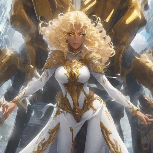 Prompt: A beautiful 59 ft tall 28 year old evil ((Latina)) anime light elemental queen giantess with light brown skin and a beautiful strong face. She has a strong body. She has curly golden yellow hair and yellow eyebrows. She wears a beautiful white dress with gold. She has brightly glowing yellow eyes and white pupils. She wears a gold tiara. She has a yellow aura around her. She is standing in a beautiful open field. Beautiful scene art. Scenic view. Full body art. {{{{high quality art}}}} ((light goddess)). Illustration. Concept art. Symmetrical face. Digital. Perfectly drawn. A cool background. Front view 