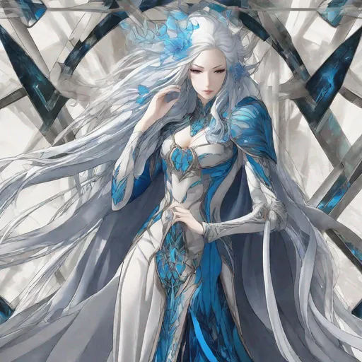 Prompt: A beautiful 58 ft tall 30 year old ((British)) anime Water Elemental Queen with light skin and a beautiful, elegant, strong symmetrical face. She has long straight elegant white hair with two long strands of hair going down to her chest and white eyebrows. She wears a beautiful long all blue slim goddess dress made of water with long thin blue royal robs. She has brightly glowing blue eyes and water droplet shaped pupils. She wears blue eyeshadow. She wears a beautiful blue tiara. She has a blue aura glowing from her body. She is standing in beautiful blue looking at you with her glowing blue eyes. She is wielding bright blue water magic from her hands. Blue water encircles around her. Full body art. Scenic view. {{{{high quality art}}}} ((ocean goddess)). Illustration. Concept art. Perfectly drawn. Five fingers.