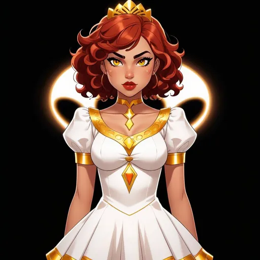 Prompt: A beautiful young 14 year old ((Latina)) evil anime light goddess with light brown skin and a symmetrical round cute face with big lips. She has a strong curvy body with a small waist. She has short curly reddish brown hair that curves to the left side of her head and reddish brown eyebrows. She wears a beautiful white short princess dress with gold and she wears a short poofy white skirt. She wears white boots with gold on it. She has big brightly glowing yellow eyes and white pupils. She has long eyelashes. She wears a small golden tiara. She has a yellow aura around her. Full body art. {{{{high quality art}}}} Illustration. Concept art. Symmetrical face. Digital. Perfectly drawn. A cool background. Five fingers, yellow glowing eyes, full view of dress, character design, multiple angles, different views of head and body. 2D animation art style