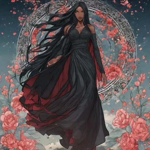 Prompt: A beautiful 59 ft tall 28 year old ((Latina))  anime darkness elemental queen giantess with dark brown skin and a beautiful strong face. She has a strong body. She has long straight black hair that covers the entire left side of her face and she has black eyebrows. She wears a beautiful long flowing goddess black dress that has a silvery glitter it. She has brightly glowing white eyes with white pupils. She has black lips. She wears a sliver tiara. She has a black aura behind her. She is standing in a open field with the moon glowing behind her looking at you with her glowing white eyes. She has black smoke circling around her. Full body art. Cinematic pose. {{{{high quality art}}}} ((Darkness goddess)). Illustration. Concept art. Symmetrical face. Digital. Perfectly drawn. A beautiful background. Perfect hands. Only dark brown skin, hair covering left side of face