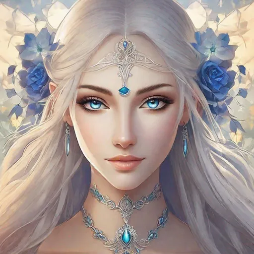 Prompt: A beautiful young 15 year old ((British)) Water elemental princess with light skin and a beautiful, elegant, symmetrical cute face. She has long smooth white hair with two strands coming down the sides of her face and white eyebrows. She has a small nose. She wears a beautiful flowing goddess blue dress. She has big brightly glowing dark blue eyes and water droplets shaped pupils. She wears a beautiful blue tiara. She has a blue aura around her. She is standing in a blue open field with a beautiful blue sky behind her. Beautiful scene art. Beautiful painting art. Scenic view. Full body art. {{{{high quality art}}}} ((Ocean goddess)). Illustration. Concept art. Symmetrical face. Digital. Perfectly drawn. A cool background. Five fingers. Anime