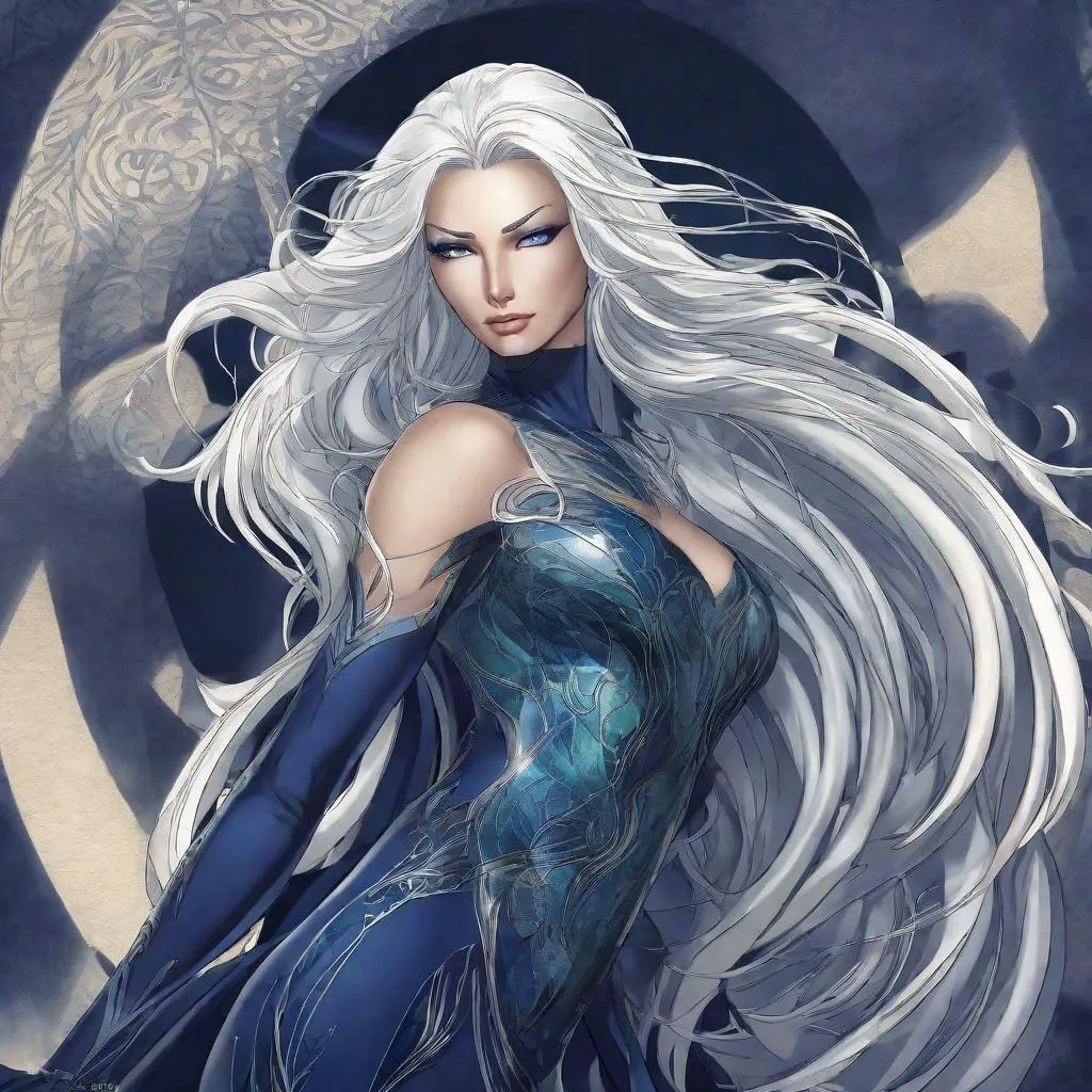 Prompt: A beautiful 58 ft tall 30 year old ((British)) anime Water Elemental Queen giantess with light skin and a beautiful, elegant, strong symmetrical face. She has a strong curvy body. She has long straight elegant white hair with two long strands of hair going down to her chest and white eyebrows. She wears a beautiful long flowing dark blue goddess dress. She has brightly glowing blue eyes and water droplet shaped pupils. She wears blue eyeshadow. She wears a beautiful blue tiara. She has a blue aura glowing from her body. She is standing in the sand with a beautiful ocean behind her and she looking at you with her glowing blue eyes. Full body art. Scenic view. {{{{high quality art}}}} ((ocean goddess)). Illustration. Concept art. Perfectly drawn. Five fingers. Full view of body and dress