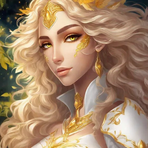 Prompt: A beautiful young ((Latina)) anime light elemental princess with light brown skin and a beautiful face. She has curly golden yellow hair that parts at the top of her head and yellow eyebrows. She wears a beautiful white dress with gold markings on it. She has brightly glowing yellow eyes and white pupils. She has a yellow aura around her. She wears a beautiful golden tiara. She is standing in a beautiful field of gold. Beautiful scene art. Scenic view. Full body art. {{{{high quality art}}}} ((Light goddess)). Illustration. Concept art. Symmetrical face. Digital. Perfectly drawn. A cool background. Five fingers. Anime