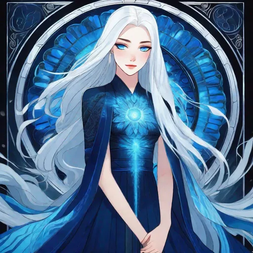 Prompt: A beautiful 17 year old water goddess with light skin, long smooth straight white hair with white eyebrows, bright glowing blue eyes with light blue pupils, and wear a dark blue goddess dress