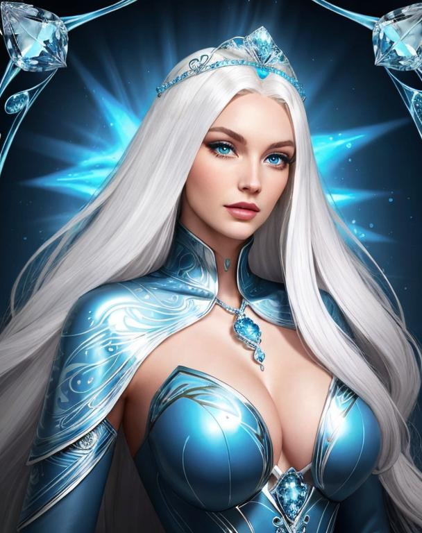 Prompt: A beautiful 58 ft tall 30 year old ((British)) Water elemental Queen with light skin and a beautiful face. She has long white hair and white eyebrows. She wears a beautiful slim dark blue dress. She has brightly glowing blue eyes and water droplet shaped pupils. She wears a blue tiara on her head. She has a blue aura around her. She is looking at you. Her bright glowing blue eyes peer down at you. She is smiling. Beautiful scene art. Scenic view. Portrait art. {{{{high quality art}}}} ((goddess)). Illustration. Concept art. Symmetrical face. Digital. Perfectly drawn. A cool background. Five fingers. Full body view. No portrait. No black background. Front view