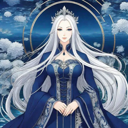 Prompt: A beautiful tall 30 year old ((British)) anime water goddess with pale skin and a beautiful strong symmetrical face. She has a beautiful curvy body. She has long straight smooth elegant white hair that parts to the left and right on her forehead with two long strands of hair going down to her chest and white eyebrows. She wear beautiful regal dark blue robes. She has glowing blue eyes. She wears dark blue eyeshadow. She is standing by a balcony outside. Full body art. {{{{high quality art}}}}. Illustration. Concept art. Symmetrical face. Digital. Perfectly drawn. A cool background. Five fingers. two arms and hands, full view of dress and body