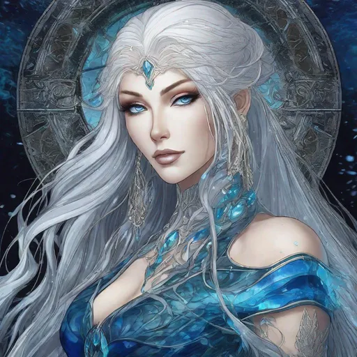 Prompt: A beautiful 58 ft tall 30 year old ((British)) Water elemental Queen with light skin and a beautiful face. She has long elegant white hair with two strands of hair going down to her chest and white eyebrows. She wears a beautiful long dark blue dress and royal robs. She has brightly glowing blue eyes and water droplet shaped pupils. She wears a beautiful blue tiara on her head. She has a blue aura around her. She is in the ocean using blue water magic from her hands. Her hands glow blue. Beautiful scene art. Painting art. Scenic view. Full body art. {{{{high quality art}}}} ((goddess)). Illustration. Concept art. Symmetrical face. Digital. Perfectly drawn. A cool background. Five fingers. Full body view. No portrait. No black background. Front view. Anime. 