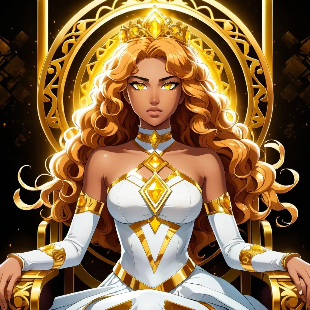 Prompt: A beautiful 17 year old ((Latina)) anime light elemental princess with light brown skin and a beautiful strong face. She has a strong body. She has curly golden yellow hair that parts at the top of her head and yellow eyebrows. She wears a beautiful tight white dress with gold markings on it. She has brightly glowing yellow eyes and white pupils. She has a yellow aura around her. She wears a beautiful golden tiara. She is sitting on a golden throne. Full body art. {{{{high quality art}}}} ((Light goddess)). Illustration. Concept art. Symmetrical face. Digital. Perfectly drawn. A cool background. Five fingers. Anime, two arms and hands, full view of dress and body