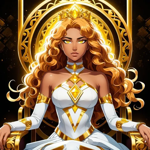 Prompt: A beautiful 17 year old ((Latina)) anime light elemental princess with light brown skin and a beautiful strong face. She has a strong body. She has curly golden yellow hair that parts at the top of her head and yellow eyebrows. She wears a beautiful tight white dress with gold markings on it. She has brightly glowing yellow eyes and white pupils. She has a yellow aura around her. She wears a beautiful golden tiara. She is sitting on a golden throne. Full body art. {{{{high quality art}}}} ((Light goddess)). Illustration. Concept art. Symmetrical face. Digital. Perfectly drawn. A cool background. Five fingers. Anime, two arms and hands, full view of dress and body
