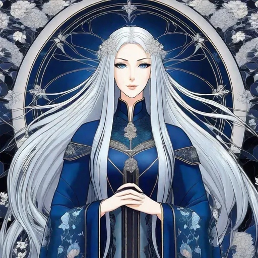 Prompt: A beautiful tall 30 year old ((British)) anime water goddess with pale skin and a beautiful, elegant, strong symmetrical face. She has a beautiful curvy body. She has long straight smooth elegant white hair that parts to the left and right on her forehead with two long strands of hair going down to her chest and white eyebrows. She wear beautiful regal dark blue robes. She has glowing blue eyes. She wears dark blue eyeshadow. She is standing by a balcony outside. Full body art. {{{{high quality art}}}}. Illustration. Concept art. Symmetrical face. Digital. Perfectly drawn. A cool background. Five fingers. two arms and hands, full view of dress and body