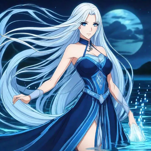 Prompt: A beautiful young adult ((British)) anime Water elemental princess with light skin and a beautiful symmetrical face. She has long smooth straight white hair that parts and she has two long strands of hair coming down the sides of her face and white eyebrows. She has a small nose. She wears a beautiful dark blue goddess dress. She wears dark blue princess slippers on her feet. She has big bright dark blue eyes and blue pupils. She is standing looking at you.  Full body art. Five fingers