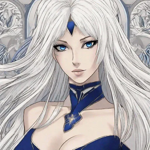 Prompt: A beautiful 58 ft tall 30 year old ((British)) anime Divine Queen with light skin and a beautiful, elegant, strong symmetrical face. She has long straight elegant white hair with two long strands of hair going down to her chest and white eyebrows. She wears a beautiful long dark blue goddess dress  made of with long thin blue royal robs. She has bright blue eyes and blue pupils. She wears blue eyeshadow. She wears a beautiful blue tiara. She has a blue aura glowing from her body. She is standing in an open field looking at you with her glowing blue eyes. Full body art. Scenic view. {{{{high quality art}}}} ((ocean goddess)). Illustration. Concept art. Perfectly drawn. Five fingers.