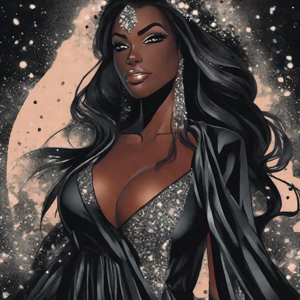 Prompt: A beautiful 59 ft tall 28 year old ((Latina))  anime darkness elemental queen giantess with dark brown skin and a beautiful strong face. She has a strong body. She has long straight black hair that covers the entire left side of her face and she has black eyebrows. She wears a beautiful long flowing goddess black dress that has a silvery glitter it. She has brightly glowing white eyes with white pupils. She has black lips. She wears a sliver tiara. She has a black aura behind her. She is standing in a open field with the moon glowing behind her looking at you with her glowing white eyes. She has black smoke circling around her. Full body art. Scenic view. {{{{high quality art}}}} ((Darkness goddess)). Illustration. Concept art. Symmetrical face. Digital. Perfectly drawn. A beautiful background. Perfect hands. Only dark brown skin, hair covering left eye