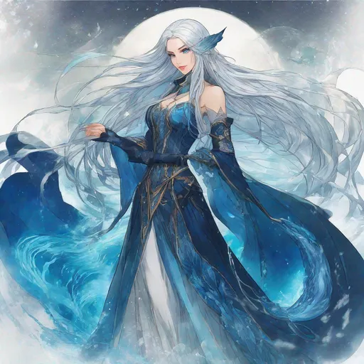 Prompt: A beautiful 58 ft tall 30 year old ((British)) Water elemental Queen with light skin and a beautiful face. She has long elegant white hair with two strands of hair going down to her chest and white eyebrows. She wears a beautiful long dark blue dress and royal robs. She has brightly glowing blue eyes and water droplet shaped pupils. She wears a beautiful blue tiara on her head. She has a blue aura around her. She is in the ocean using blue water magic from her hands. Her hands glow blue. Beautiful scene art. Painting art. Scenic view. Full body art. {{{{high quality art}}}} ((goddess)). Illustration. Concept art. Symmetrical face. Digital. Perfectly drawn. A cool background. Five fingers. Full body view. No portrait. No black background. Front view. Anime. 