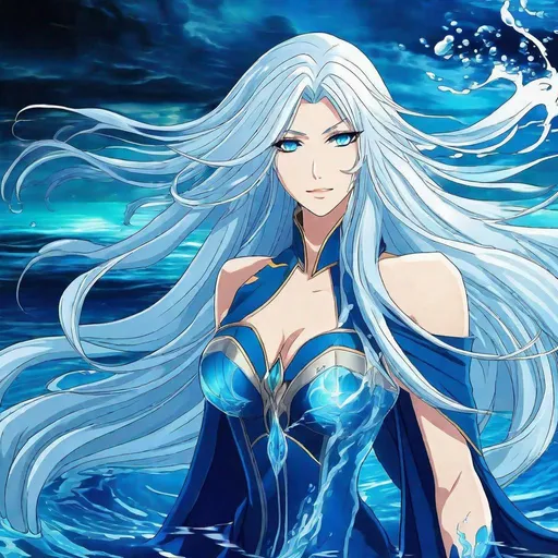 Prompt: A beautiful 58 ft tall 30 year old ((British)) anime Water elemental Queen with light skin and a beautiful face. She has long elegant white hair with two strands of hair going down to her chest and white eyebrows. She wears a beautiful long dark blue dress and royal robs. She has brightly glowing blue eyes and water droplet shaped pupils. She wears a beautiful blue tiara on her head. She has a blue aura around her. She is in the ocean using blue water magic from her hands. Her hands glow blue. Beautiful scene art. Painting art. Scenic view. Full body art. {{{{high quality art}}}} ((goddess)). Illustration. Concept art. Symmetrical face. Digital. Perfectly drawn. A cool background. Five fingers. Full body view. No portrait. No black background. Front view. Anime. 