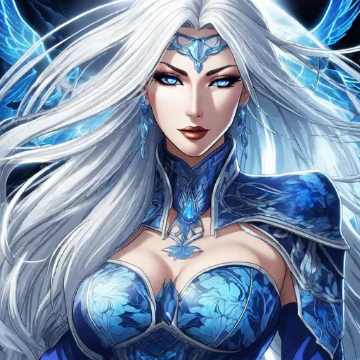 Prompt: A beautiful 58 ft tall 30 year old ((British)) anime Divine Queen with light skin and a beautiful, elegant, strong symmetrical face. She has long straight elegant white hair with two long strands of hair going down to her chest and white eyebrows. She wears a beautiful long a dark blue goddess dress made of water with long thin blue royal robs. She has bright blue eyes and blue pupils. She wears blue eyeshadow. She wears a beautiful blue tiara. Five fingers.