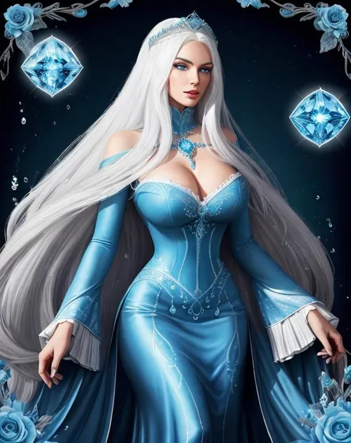 Prompt: A beautiful 58 ft tall 30 year old ((British)) Water elemental Queen with light skin and a beautiful face. She has long white hair with white eyebrows. She wears a beautiful dark blue dress and royal robs. She has brightly glowing blue eyes and water droplet shaped pupils. She wears a beautiful blue tiara on her head. She has a blue aura around her. She is in a epic battle against a army. She is using blue water magic and she is fighting ferociously. Epic battle scene art. Scenic view. Full body art. {{{{high quality art}}}} ((goddess)). Illustration. Concept art. Symmetrical face. Digital. Perfectly drawn. A cool background. Five fingers. Full body view. No portrait. No black background. Front view