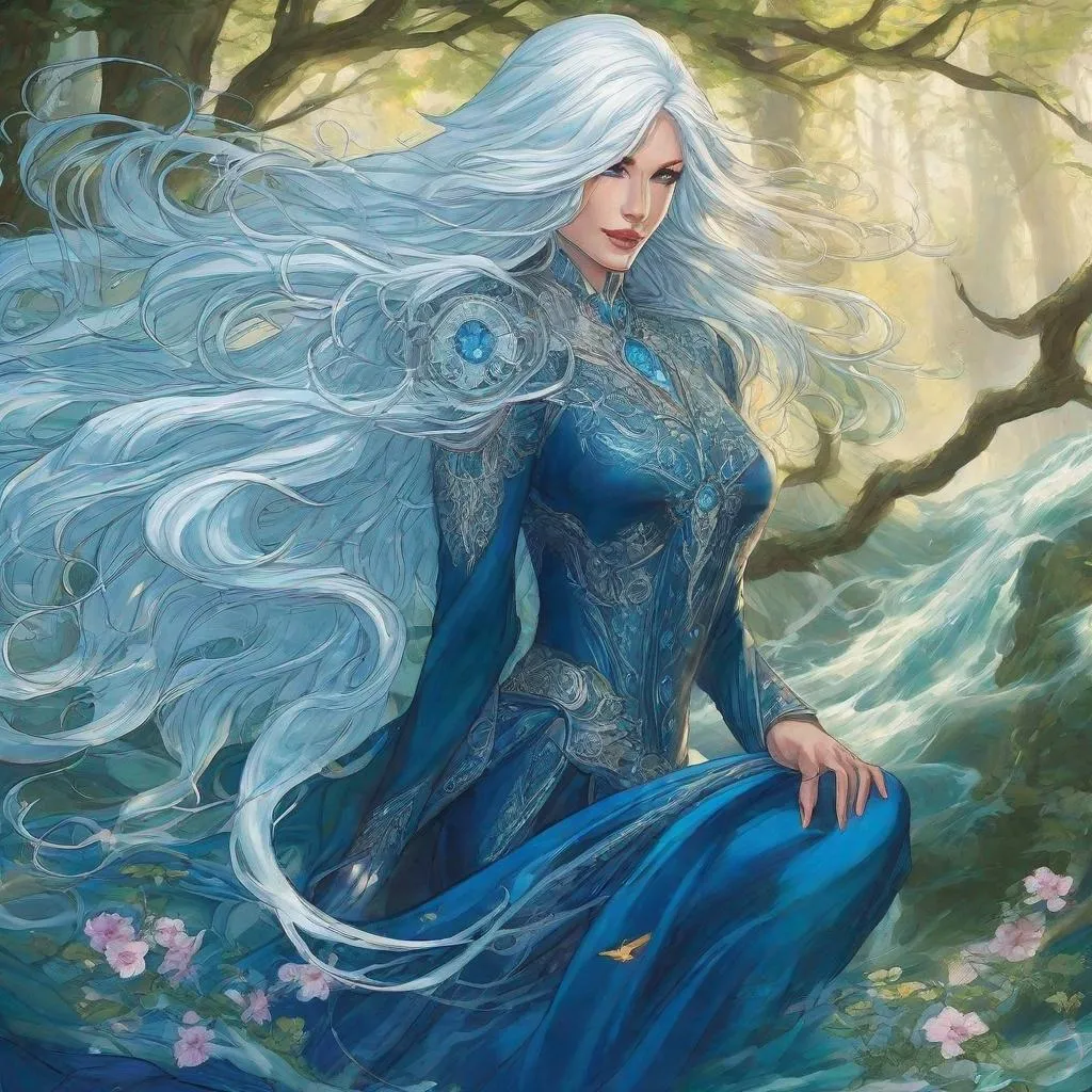 Prompt: A beautiful 58 ft tall 30 year old ((British)) Water elemental Queen with light skin and a beautiful face. She has long elegant white hair with two strands of hair going down to her chest and white eyebrows. She wears a beautiful long dark blue dress and royal robs. She has brightly glowing blue eyes and water droplet shaped pupils. She wears a beautiful blue tiara on her head. She has a blue aura around her. She is in the ocean using blue water magic from her hands. Her hands glow blue. Beautiful scene art. Painting art. Scenic view. Full body art. {{{{high quality art}}}} ((goddess)). Illustration. Concept art. Symmetrical face. Digital. Perfectly drawn. A cool background. Five fingers. Full body view. No portrait. No black background. Front view. Anime. 