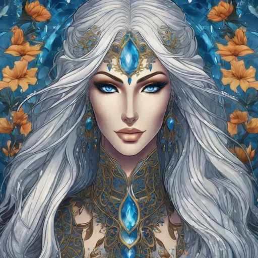 Prompt: A beautiful 58 ft tall 30 year old ((British)) Water elemental Queen with light skin and a beautiful face. She has long elegant white hair with two strands of hair going down to her chest and white eyebrows. She wears a beautiful long dark blue dress and royal robs. She has brightly glowing blue eyes and water droplet shaped pupils. She wears a beautiful blue tiara on her head. She has a blue aura around her. She is in the ocean using blue water magic from her hands. Her hands glow blue. Beautiful scene art. Painting art. Scenic view. Full body art. {{{{high quality art}}}} ((goddess)). Illustration. Concept art. Symmetrical face. Digital. Perfectly drawn. A cool background. Five fingers. Full body view. No portrait. No black background. Front view. Anime. 